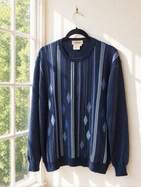 Vintage Montechiaro Italy Wool Blend Sweater XL Navy Geometric Eclectic Grandpa
